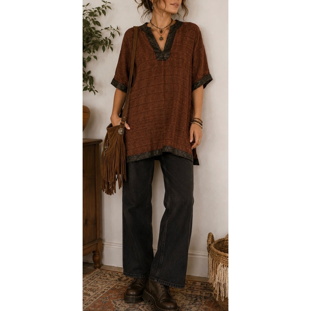 Boho Rust Brown Textured V-Neck Tunic Top with Contrast Trim Side Slits
